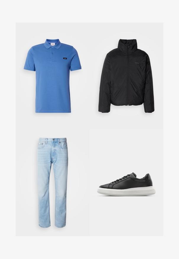 Sort dunjakke med høj krave, lynlåse foran og sidelommer. Glat, blank tekstur med et minimalistisk logo på brystet.; Blå bomulds polo skjorte med krave, to knapper, korte ærmer og et sort logo patches på venstre side. Glat, struktureret stof.; Lyseblå denimjeans med lige ben, har slidte sektioner, fem lomme-design og en klassisk knapåbning.; Sorte lædersneakers med en glat overflade, hvid gummisål, afrundet form, seks øjer til snørebånd og diskret branding på hælen.