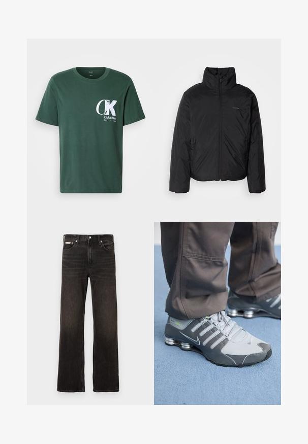 Casaco puffer preto com colarinho alto, fecho de correr na frente e bolsos laterais. Textura suave e brilhante com um logótipo minimalista no peito.; T-shirt verde de algodão com mangas curtas, decote redondo, apresentando um grande logótipo branco CK no peito e o texto "Calvin Klein EST 1968".; Calças de ganga pretas com um design de perna reta, acabamento desgastado, estilo de cinco bolsos e fecho de botão de metal. Apresenta um leve desgaste.; Ténis Nike Shox cinza e prata apresentam um design elegante, com materiais em malha e sintéticos, ponta arredondada e colarinho acolchoado.