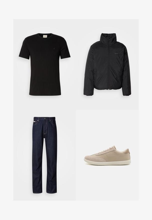 Melnā pūkainā jaka ar augstu apkakli, ar rāvējslēdzēju priekšpusē un sānu kabatām. Gluda, spīdīga tekstūra ar minimālu logotipu uz krūtīm.; Melns kokvilnas T-krekls ar īsām piedurknēm, apaļu kakla izgriezumu un mazu Calvin Klein logotipu krūtīs. Gluda tekstūra, klasiskā piegriezuma.; Tumši zilie džinsi ar taisnas kājas piegriezumu, ar pogu aizdari, pieciem kabatām un kontrastējošām aizšuvēm.; Bežīgas kedas ar suede un kanvas materiālu kombināciju, ar auklām, apaļu purngalu, teksturētu zoli un subtilu zīmola logotipu sānos.