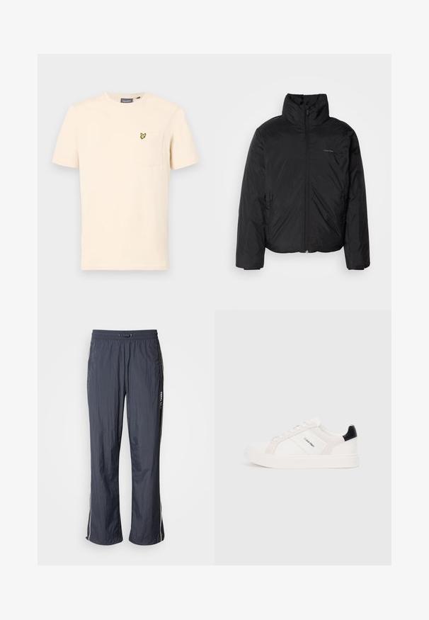 Jachetă pufă neagră cu guler înalt, fermoar frontale și buzunare laterale. Textură netedă și strălucitoare, cu un logo minim pe piept.; Tricou din bumbac de culoare crem, cu guler rotund, mâneci scurte și un buzunar cu broderie reprezentând o mică fluture galben.; Pantaloni de trening ușori, de culoare bleumarin, cu talie elastică, buzunare laterale și dungi albe pe laterale. Textură netedă.; Tenesi albi cu detalii roz deschis și negre, având panouri din piele netedă și suede, vârf rotund și talpă plată din cauciuc.