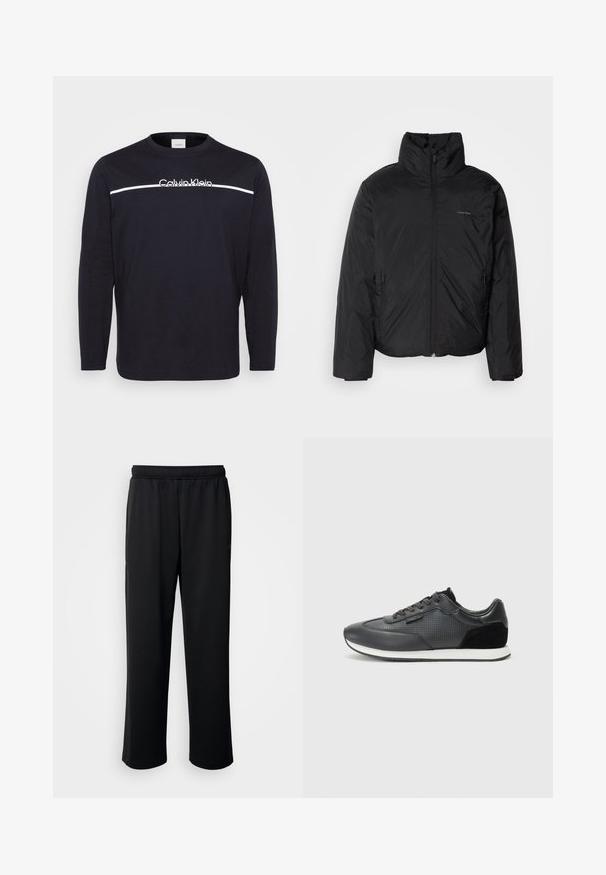Schwarze Daunenjacke mit hohem Kragen, Reißverschluss auf der Vorderseite und Seitentaschen. Glatte, glänzende Textur mit einem minimalen Logo auf der Brust.; Schwarz langärmliges T-Shirt aus Baumwolle, mit einem weißen horizontalen Streifen und dem Text "Calvin Klein" in Weiß auf der Brust.; Schwarze Sporthose aus weichem, atmungsaktivem Stoff. Mit einem elastischen Bund und geraden Beinen, ohne auffällige Akzente oder Muster.; Schwarze Sportsneakers mit einem Obermaterial aus Leder, versehen mit perforierten Details, Wildlederakzenten und einer weißen Gummisohle. Klassisches Schnürdesign.