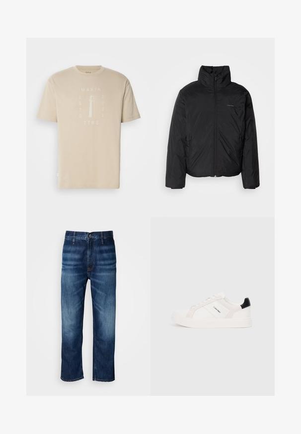 Black puffer jacket with a high collar, zipper front, and side pockets. Smooth, shiny texture with a minimal logo on the chest.; Beige cotton t-shirt with short sleeves, featuring a lighthouse graphic and text "MAKIA ESTD 2001 TTRS" in a lighter shade.; Dark blue straight-leg denim jeans with subtle fading on thighs and a button closure at the waistband, displayed on a white background.; White sneakers with light pink and black accents, featuring smooth leather and suede panels, round toe, and flat rubber sole.