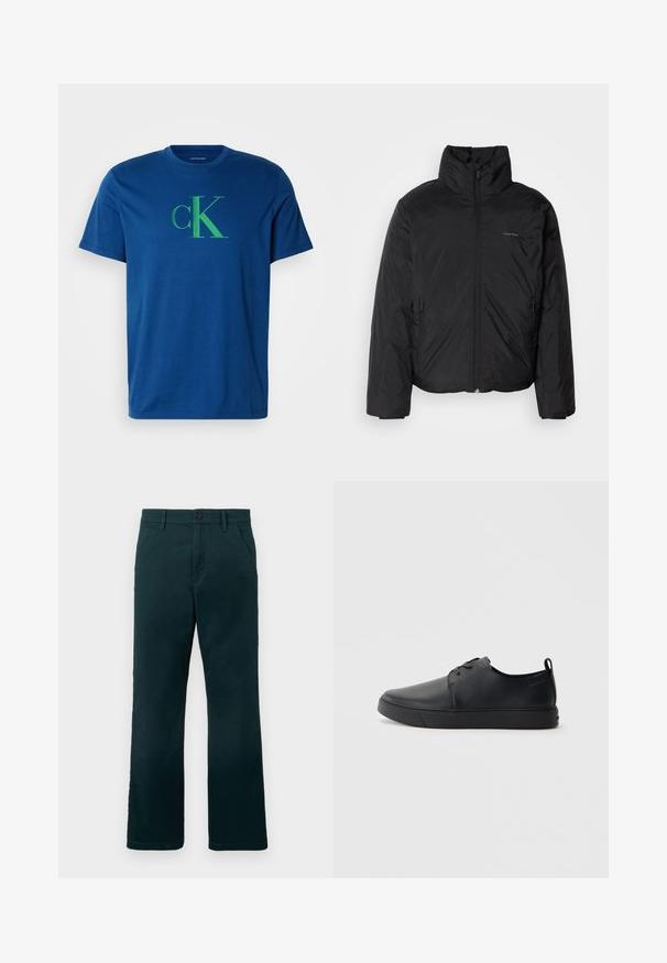 Casaco puffer preto com colarinho alto, fecho de correr na frente e bolsos laterais. Textura suave e brilhante com um logótipo minimalista no peito.; T-shirt de algodão azul com o logótipo "cK" em verde. Gola redonda, mangas curtas, corte regular com textura suave e sem padrões visíveis.; Calças retas de cor verde-escuro com passantes para cinto, bolsos laterais e fecho de botão sobre um fundo branco liso.; Sapatilha de couro preta com um acabamento liso, bico arredondado, costura ton sur ton, frente com atacadores e sola plana de borracha. Alça no calcanhar.