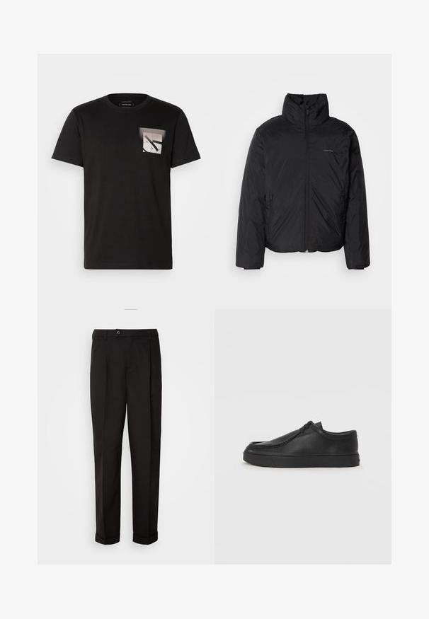 Melnā pūkainā jaka ar augstu apkakli, ar rāvējslēdzēju priekšpusē un sānu kabatām. Gluda, spīdīga tekstūra ar minimālu logotipu uz krūtīm.; Melna kokvilnas t-krekls ar apaļu kakla izgriezumu; kreklam ir ģeometriska grafika pelēkos toņos kreisajā krūšu kabatas zonā.; Melnas bikses ar gludu tekstūru, diviem priekšējiem kabatām, taisnas griezuma un ar vienu pogu vidukļa daļā.; Melnas ādas slip-on kurpes ar noapaļotu purngalu, šūšanas detaļām un melnu gumijas zoli. Gluda tekstūra ar minimālistisku dizainu.