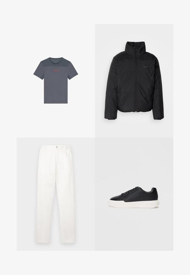 Zwarte pufferjack met een hoge kraag, rits aan de voorkant en zijzakken. Gladde, glanzende textuur met een minimalistisch logo op de borst.; Grijze sportieve t-shirt met gaasaccenten, ronde halslijn, korte mouwen en een contrasterend rood "Calvin Klein" logo op de borst.; Witte broeken gemaakt van een gladde stof, met een recht model, voorplooien en een enkele knoopsluiting bij de taille.; Zwarte sneaker met geometrisch textuur aan de zijkant, gladde neuskap en een witte rubberen zool. Beschikt over ronde veters en een laag ontwerp.