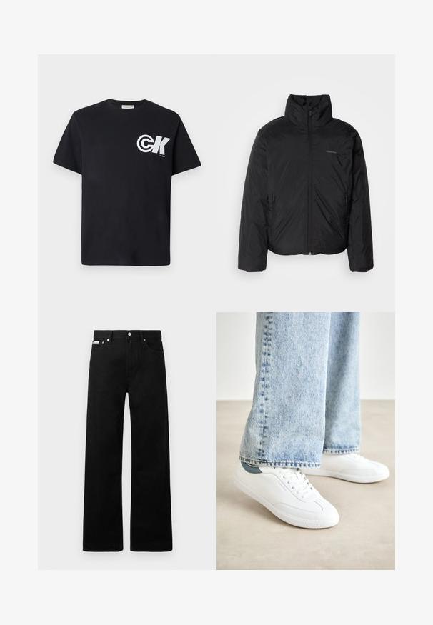 Casaco puffer preto com colarinho alto, fecho de correr na frente e bolsos laterais. Textura suave e brilhante com um logótipo minimalista no peito.; T-shirt de algodão preto com mangas curtas, apresentando um grande logótipo branco na área do peito esquerdo e um decote redondo.; Calças de ganga pretas com um design de pernas largas, apresentando cinco bolsos e fechos metálicos. Textura suave, sem padrões visíveis.; Ténis brancos com material suave, design de atacadores, sola de borracha texturizada e um detalhe em teal no calcanhar, combinados com jeans azul claro.