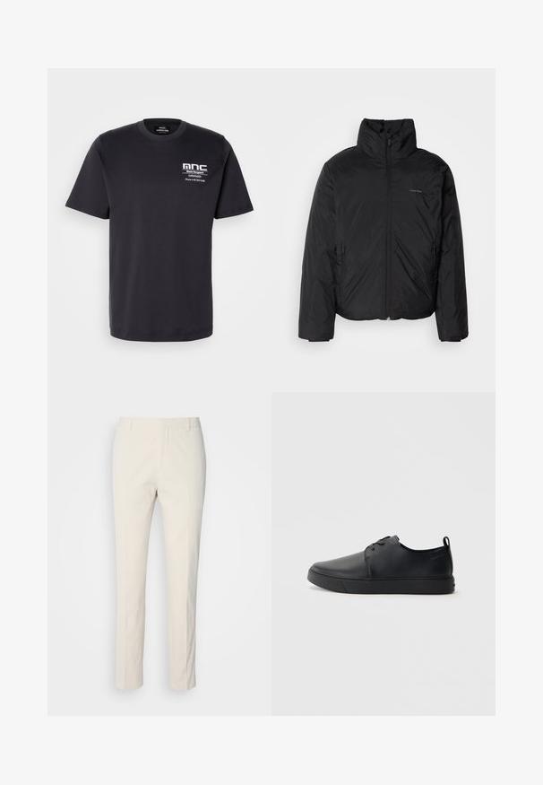 Črna puffer jakna z visokim ovratnikom, zadrgo spredaj in stranskimi žepi. Gladka, sijoča tekstura z minimalnim logotipom na prsih.; Črna bombažna majica s kratkimi rokavi, okroglim izrezom in potiskom na prsih, ki включает "mnc" in kontaktne podatke v belem. Klasična oblika.; Hlače kremaste barve, prirejene po meri, z teksturirano tkanino. Imajo ravno obliko, zanke za pas in dva sprednja žepa. Brez vzorcev.; Črne usnjene športne čevlje z gladko površino, okroglo oblikovano nosilo, toniranim šivanjem, vezanjem spredaj in ravnim gumijastim podplatom. Zanko na peti.