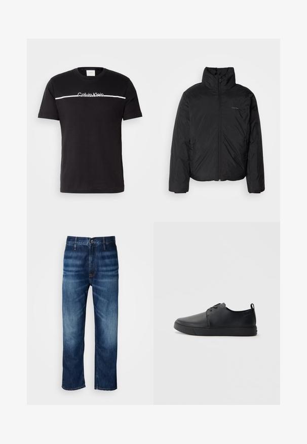 Melnā pūkainā jaka ar augstu apkakli, ar rāvējslēdzēju priekšpusē un sānu kabatām. Gluda, spīdīga tekstūra ar minimālu logotipu uz krūtīm.; Melna kokvilnas T-krekls ar īsām piedurknēm, kam ir balta horizontāla līnija un "Calvin Klein" logo krūtīs. Apaļa kakla piegriezums.; Tumši zilie taisnās kājas džinsi ar vieglu izbalēšanu uz augšstilbiem un pogu aizdari jostasvietā, attēloti uz baltā fona.; Melnas ādas kedas ar gludu apdari, noapaļota purngala, tonāla šuvēm, auklu fronti un plakanu gumijas zoli. Cilpa pie papēža.