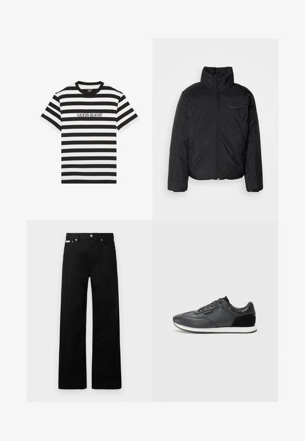 Schwarze Daunenjacke mit hohem Kragen, Reißverschluss auf der Vorderseite und Seitentaschen. Glatte, glänzende Textur mit einem minimalen Logo auf der Brust.; Schwarz-weiß gestreites T-Shirt aus Baumwolle, mit einem Rundhalsausschnitt und dem auf der Vorderseite gestickten "GUESS JEANS" Logo.; Schwarze Denim-Hose im weiten Bein-Design mit fünf Taschen und metallenen Knopfdetails. Glatte Textur, ohne sichtbare Muster.; Schwarze Sportsneakers mit einem Obermaterial aus Leder, versehen mit perforierten Details, Wildlederakzenten und einer weißen Gummisohle. Klassisches Schnürdesign.