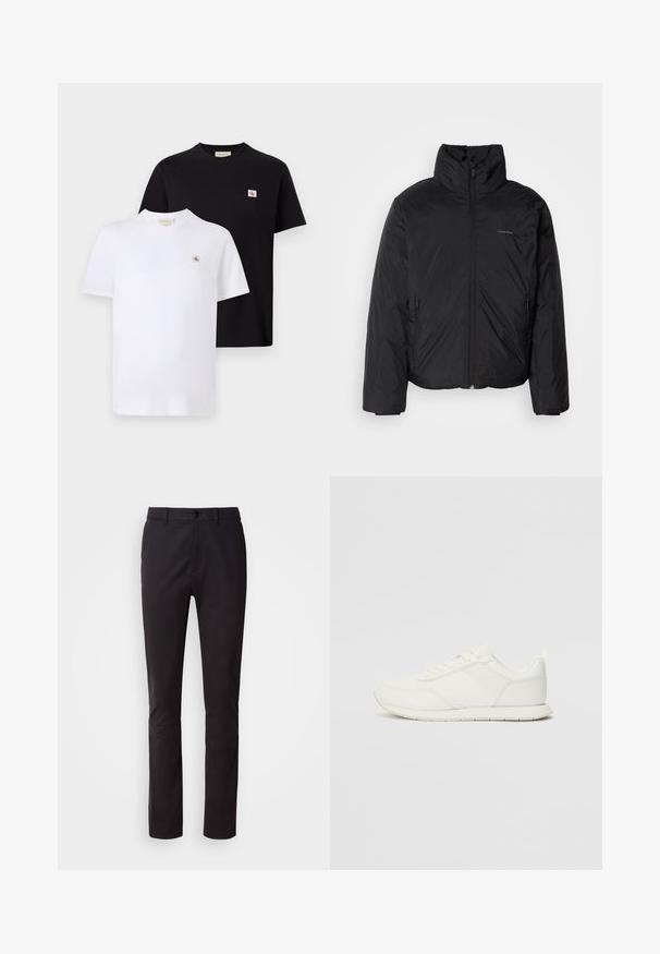 Čierna bundy s kapucňou, s vysokým golierom, so zipsom vpredu a bočnými vreckami. Hladká, lesklá textúra s minimálnym logom na hrudi.; Dve krátke rukávy tričká z čierneho a bieleho bavlneného materiálu, s malým logom na hrudi a klasickým okrúhlym výstrihom.; Čierne nohavice vyrobené z hladkej tkaniny, s gombíkovým zapínaním, štandardným pásom a rovným strihom nohavíc. Žiadne viditeľné vzory ani ozdoby.; Biele tenisky s sieťovaným a syntetickým zvrškom, okrúly špička, ploché šnúrky a štruktúrovaný pruh na boku. Gumová podrážka s pútkom na zadnej strane.