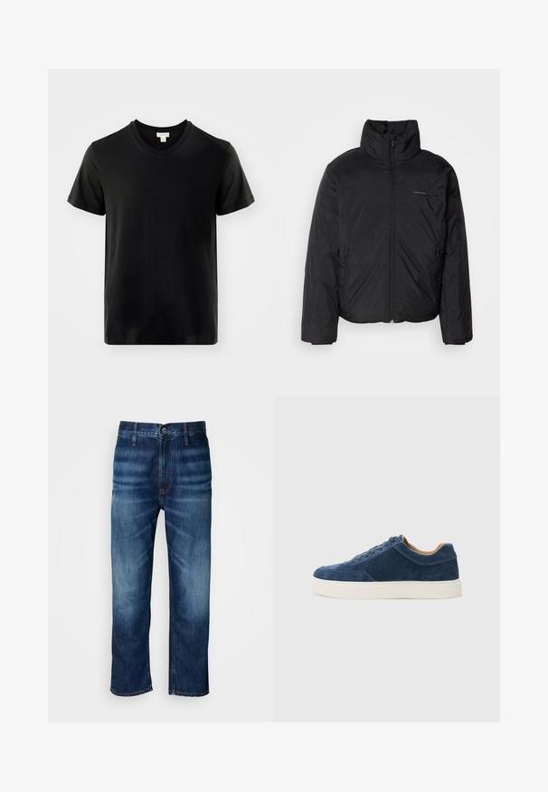 Musta puhvitakki korkealla kauluksella, vetoketjulla edessä ja sivutaskuilla. Sileä, kiiltävä pinta, jossa on minimaalinen logo rinnassa.; Mustan puuvillan T-paita, jossa on V-pääntie, lyhyet hihat ja pieni, huomaamaton logo rinnassa. Pehmeä kangas ja rento muotoilu.; Tummansinisiä suoria farkkuja, joissa on hieno haalistuminen reiden kohdalla ja nappikiinnitys vyötäröllä, esillä valkoista taustaa vasten.; Sininen mokka lenkkari valkoisella kumipohjalla, nauhakiinnitys, pyöreä varvas ja kontrastinä tan sisus. Huomaamaton ompelutyö.