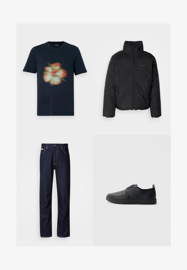 Black puffer jacket with a high collar, zipper front, and side pockets. Smooth, shiny texture with a minimal logo on the chest.; Navy cotton t-shirt featuring a blurred floral graphic with "LYLE AND SCOTT" text centered beneath the design. Short sleeves, crew neckline.; Dark blue denim jeans with a straight-leg design, featuring a button fly, five pockets, and contrasting stitching details.; Black leather sneaker with a smooth finish, rounded toe, tonal stitching, lace-up front, and a flat rubber sole. Loop at the heel.