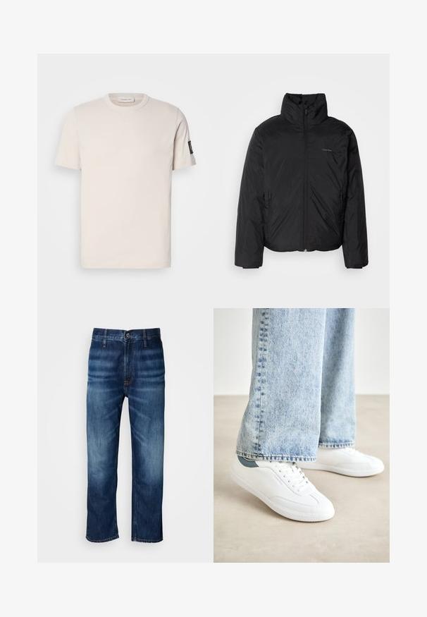 Črna puffer jakna z visokim ovratnikom, zadrgo spredaj in stranskimi žepi. Gladka, sijoča tekstura z minimalnim logotipom na prsih.; Svetlo bež bombažna majica s krožnim izrezom, kratkimi rokavi in majhnim črnim logotipom na levem rokavu. Gladka tekstura.; Temno modre kavbojke ravnega kroja z rahlim bledenjem na stegnih in gumbom za zapiranje na pasu, prikazane na beli podlagi.; Bele superge iz gladkega materiala, z vezalkami, z teksturiranim gumijastim podplatom in teal akcentom na peti, v kombinaciji z svetlobe modrimi džinsami.