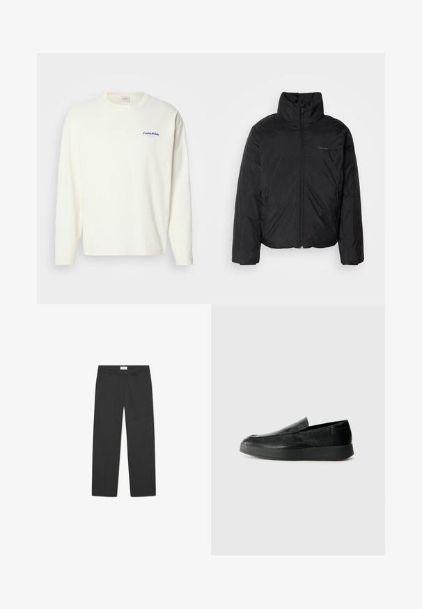 Schwarze Daunenjacke mit hohem Kragen, Reißverschluss auf der Vorderseite und Seitentaschen. Glatte, glänzende Textur mit einem minimalen Logo auf der Brust.; Langärmliges, cremefarbenes T-Shirt aus Baumwolle mit rundem Halsausschnitt und kleinem blauen Calvin Klein-Logo auf der linken Brust. Weiche Textur.; Schwarze Hose aus leichtem Stoff. Sie hat ein gerades Bein, eine flache Vorderseite, seitliche Taschen und einen dezenten Bund.; Calvin Klein HYBRID CUP - Slipper - triple black