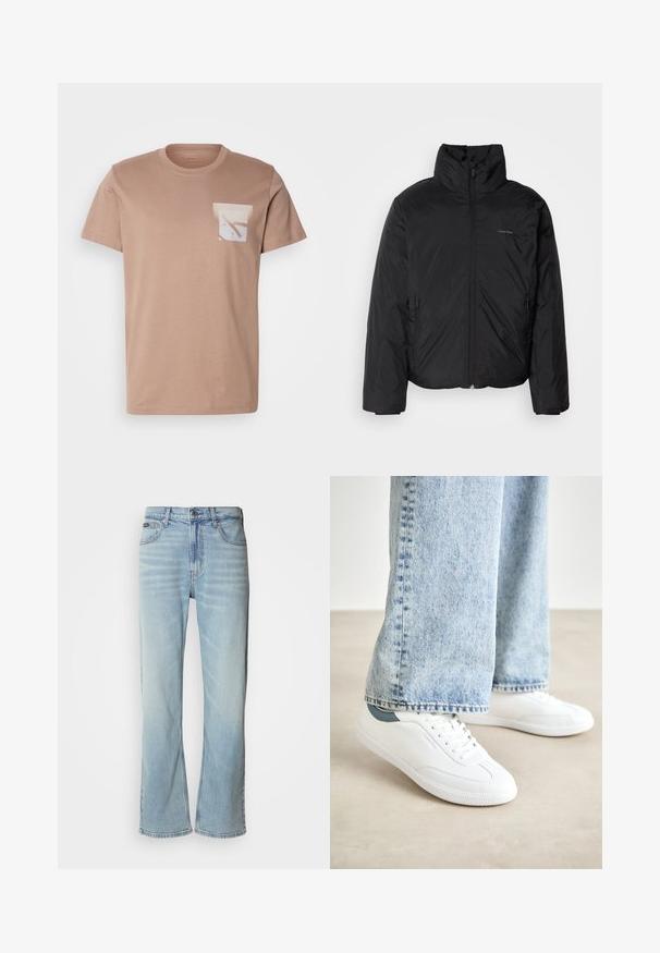 Schwarze Daunenjacke mit hohem Kragen, Reißverschluss auf der Vorderseite und Seitentaschen. Glatte, glänzende Textur mit einem minimalen Logo auf der Brust.; Kurzärmliges, beiges T-Shirt aus Baumwolle mit einer weißen Tasche, die abstrakte Formen in sanften Farben zeigt, runder Hals und normale Passform.; Hellblaue Jeans aus Denim mit geradem Bein, ausgestattet mit fünf Taschen, einem Knopfverschluss und subtilen Verwaschungen im Stoff.; Weiße Sneaker aus glattem Material, mit Schnürdesign, strukturiertem Gummisohle und einem türkisfarbenen Akzent an der Ferse, kombiniert mit hellblauen Jeans.