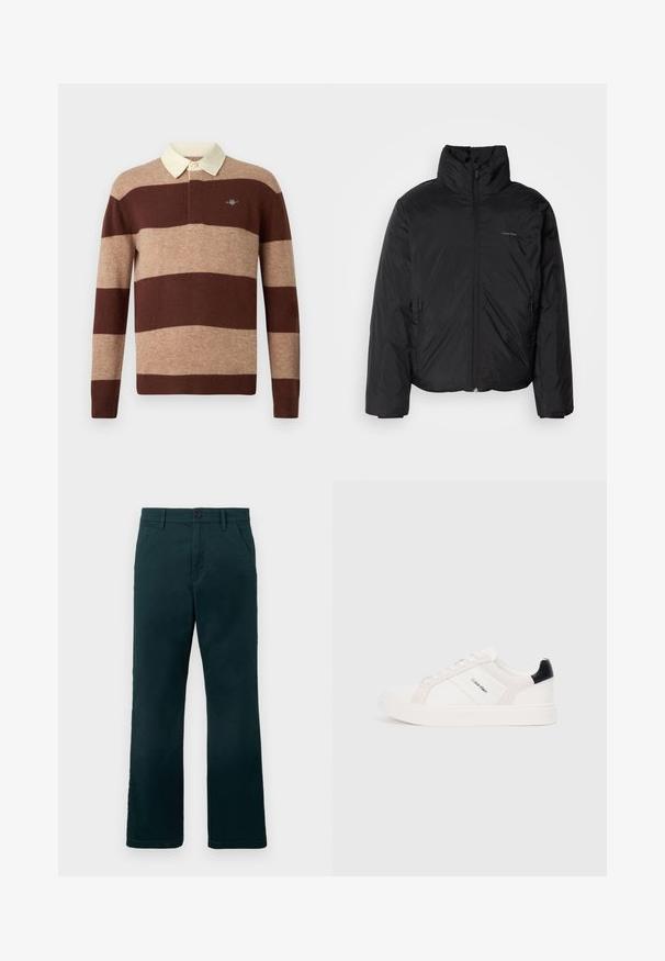 Juoda pūkinė striukė su aukštu apykakle, užtrauktuku priekyje ir šoninėmis kišenėmis. Lygus, blizgus paviršius su minimaliu logotipu ant krūtinės.; Ilgų rankovių regbio marškiniai su plačiomis horizontaliosiomis rudos ir smėlio spalvos juostomis bei grietinėlės spalvos apykakle, su mažai išsiuvinėtu logotipu ant krūtinės.; Tamsiai žalios tiesios kelnės su diržo kilpomis, šoninėmis kišenėmis ir sagčių uždarymu ant vientiso balto fono.; Baltai sportbačiai su šviesiai rožiniais ir juodais akcentais, turintys lygaus odos ir zomšo panelius, apvalią noselę ir plokščią gumos padą.