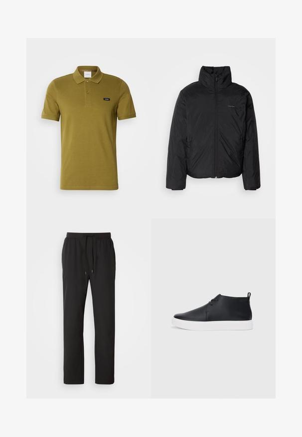 Sort dunjakke med høj krave, lynlåse foran og sidelommer. Glat, blank tekstur med et minimalistisk logo på brystet.; Olivengrøn polo-shirt lavet af blødt bomuld. Har en klassisk krave, to knapper og et lille mærke-logo på venstre bryst. Korte ærmer.; Sorte joggerbukser lavet af letvægtsstof, med elastisk talje med justerbare snore og sidelommer. Glat tekstur.; Sorte læder højtop sneakers med en glat finish, hvid gummisål og simpel snørebåndsdesign. Har en pull tab bagpå.