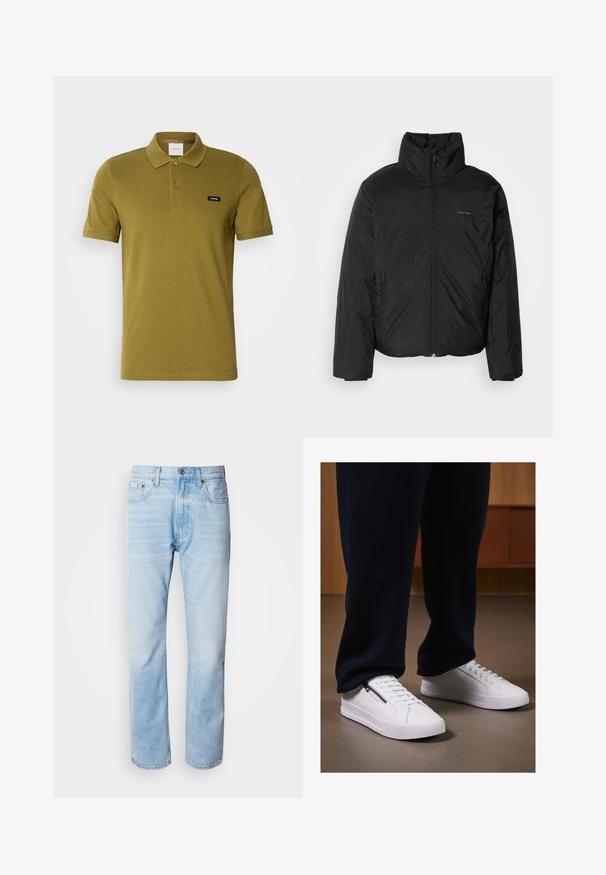 Black puffer jacket with a high collar, zipper front, and side pockets. Smooth, shiny texture with a minimal logo on the chest.; Olive green polo shirt made of soft cotton. Features a classic collar, two buttons, and a small brand logo on the left chest. Short sleeves.; Light blue denim jeans with a straight leg cut, featuring faded sections, five-pocket design, and a classic button fly.; White sneakers with a smooth leather finish, flat sole, and lace-up design. Side zipper detail adds functionality. Paired with dark joggers.