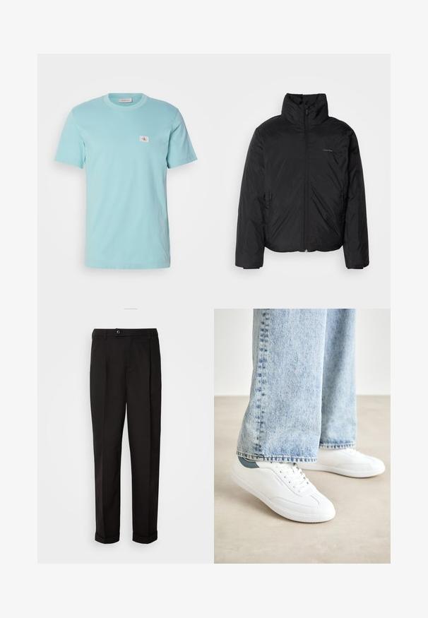 Μαύρο μπουφάν puffer με ψηλό γιακά, φερμουάρ μπροστά και πλευρικές τσέπες. Λείο, γυαλιστερό υλικό με μίνιμαλ λογότυπο στο στήθος.; Ανοιχτού μπλε βαμβακερό μπλουζάκι με κανονική λαιμόκοψη, κοντά μανίκια και μια μικρή λευκή ετικέτα που φέρει λογότυπο στην αριστερή πλευρά του στήθους.; Μαύρο παντελόνι με λεία υφή, με ίσια γραμμή, δύο μπροστινές τσέπες και κλείσιμο με ένα μόνο κουμπί στη μέση.; Λευκά αθλητικά παπούτσια με λείο υλικό, σχέδιο με κορδόνια, υφή από καουτσούκ στη σόλα και teal λεπτομέρεια στην φτέρνα, συνδυασμένα με ανοιχτό μπλε τζιν.