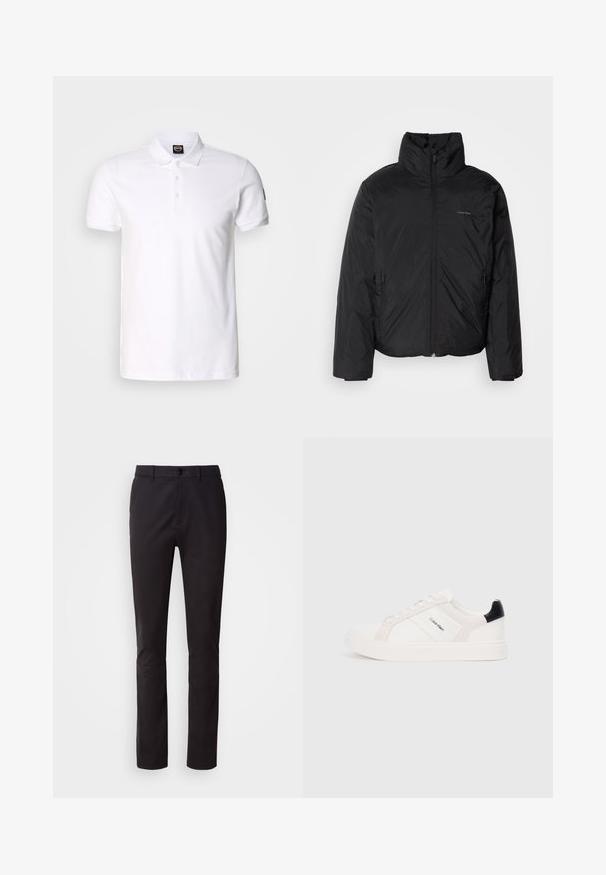 Μαύρο μπουφάν puffer με ψηλό γιακά, φερμουάρ μπροστά και πλευρικές τσέπες. Λείο, γυαλιστερό υλικό με μίνιμαλ λογότυπο στο στήθος.; Λευκό πόλο μπλούζα από βαμβάκι με ενιαίο χρώμα, κοντά μανίκια, γιακά και τρία κουμπιά μπροστά.; Μαύρο παντελόνι από λεία ύφασμα, με κλείσιμο με κουμπί, κανονική μέση και ίσιες γραμμές ποδιών. Χωρίς ορατά σχέδια ή διακοσμητικά στοιχεία.; Λευκά αθλητικά παπούτσια με ανοιχτό ροζ και μαύρες λεπτομέρειες, κατασκευασμένα από λείο δέρμα και πάνελ σουέτ, με στρογγυλή μύτη και επίπεδη καουτσούκ σόλα.