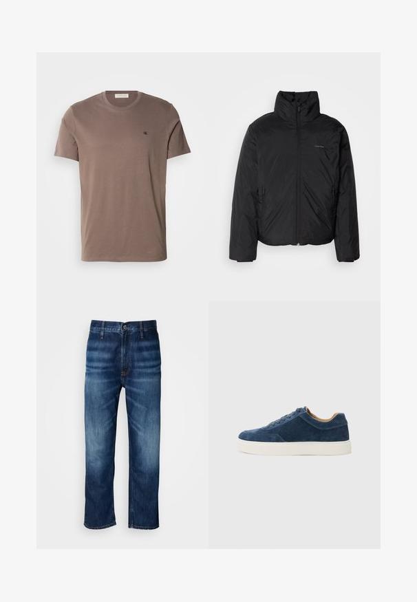 Must musträkk, millel on kõrge krae, lukuga ees ja küljetaskud. Sile, läikiv tekstuur ja minimaalne logo rinnal.; Pruun puuvillane t-särk ringkaelusega, lühikeste varrukatega ning väikese musta logoga vasakul rinnal. Sile tekstuur ja ühtlane värv.; Tumedat sinised sirged jalad denim teksad, millel on reitel kerge pleekimine ja nööp kinnitusega taljes, esitatud valgel taustal.; Sinine sametist tennis, millel on valge kummist tall, nööbid, ümar varvas ja kontrastne pruuni siseosa. Peened õmblusdetailid.