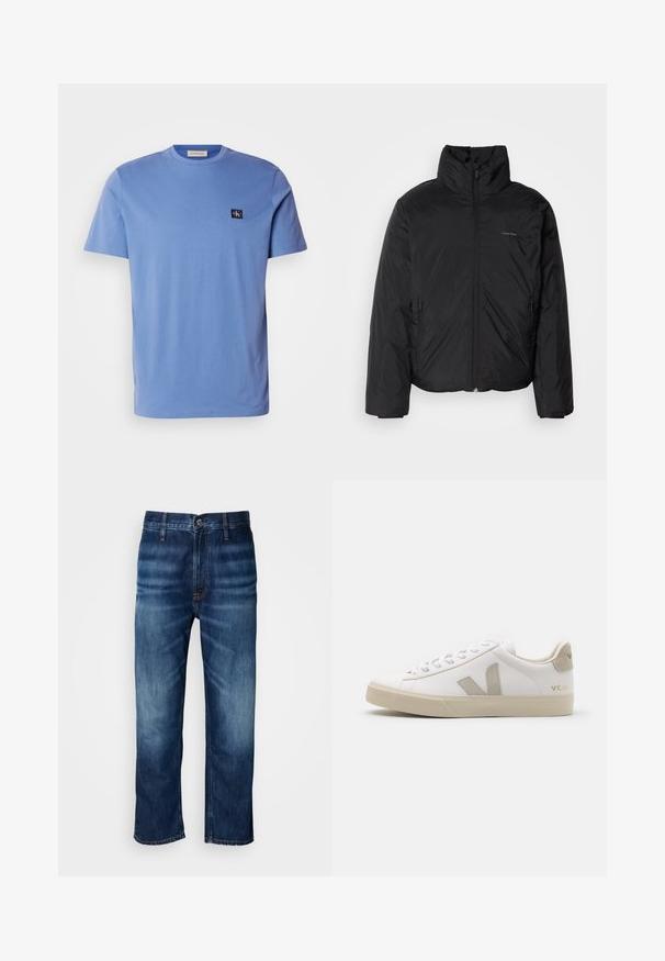 Fekete puffermellény magas gallérral, cipzáros elülső résszel és oldalsó zsebekkel. Simább, fényes textúra, minimális logóval a mellkason.; Világoskék pamut, rövid ujjú póló kerek nyakkal, melyen egy kis sötétkék logófolt található a bal mellrészen. Sima textúra.; Sötétkék, egyenes szárú farmernadrág enyhe kopással a comboknál és gombos záródással a deréknál, fehér háttér előtt.; Fehér bőr sneaker bézs kiegészítőkkel, lapos gumi talppal, kerek orral és kontrasztos logóval az oldalon és hátul. Fűzős kivitel.