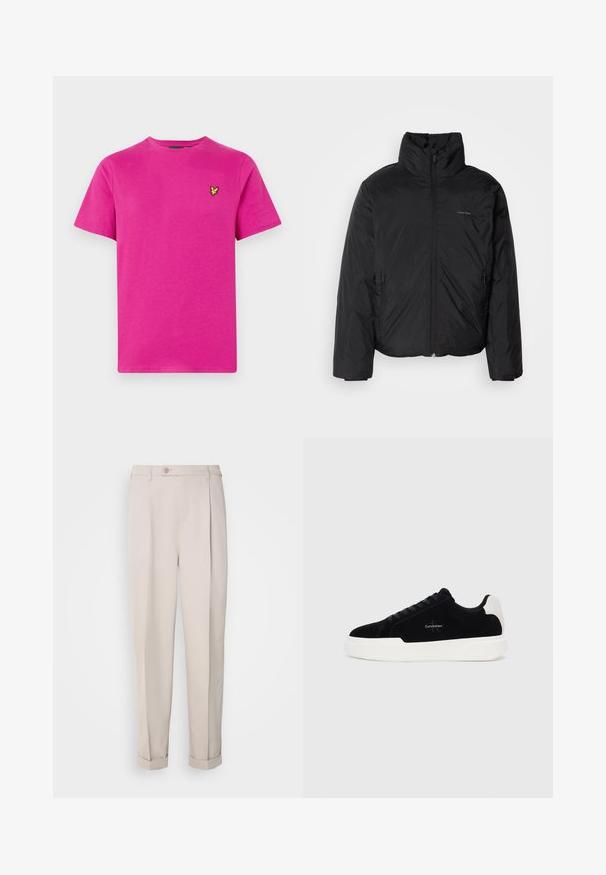 Černá péřová bunda s vysokým límcem, zipovým uzávěrem vpředu a bočními kapsami. Hladká, lesklá textura s minimálním logem na hrudi.; Růžové bavlněné tričko s kulatým výstřihem a krátkými rukávy. Na levé straně hrudi je malé žluté vyšívané logo. Hladká textura.; Béžové kalhoty z hladkého materiálu, s rovný střih, jednou plisovanou přední částí a ohrnutými manžetami. Obsahují přední zapínání na knoflík.; Černé nízké tenisky s bílou podrážkou a patou, šněrování v přední části a logo Calvin Klein na boku.