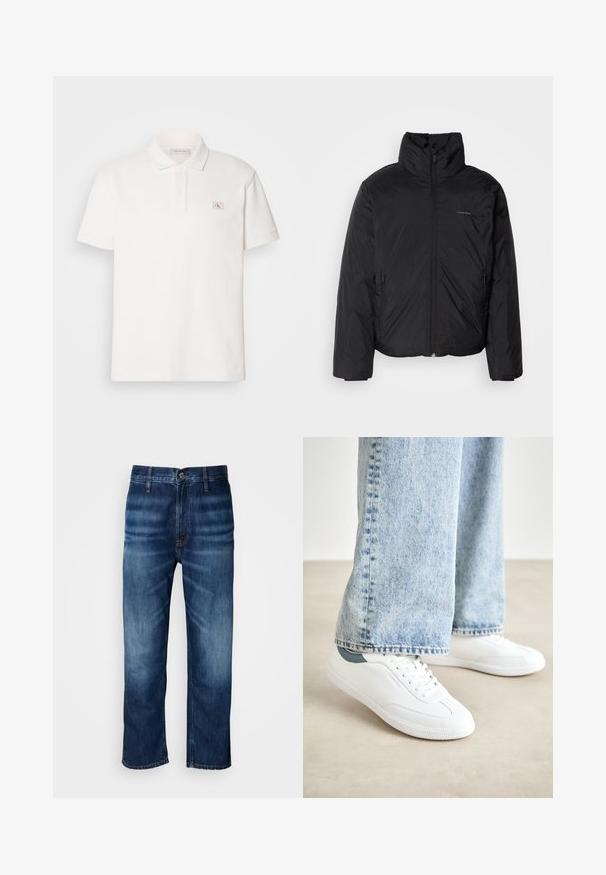 Svart pufferjakke med høy krage, glidelås foran og sidelommer. Glatt, blank tekstur med en minimal logo på brystet.; Hvit polo-skjorte med en teksturert vev, har en to-knapps knepping, og et lite logo i en firkant på venstre bryst. Korte ermer.; Mørkeblå straight-leg denimjeans med subtil falming på lårene og en knappelukking i midjen, vist på en hvit bakgrunn.; Hvite sneakers med glatt materiale, snøring, teksturert gummisåle, og en teal akcent ved hælen, kombinert med lyseblå jeans.