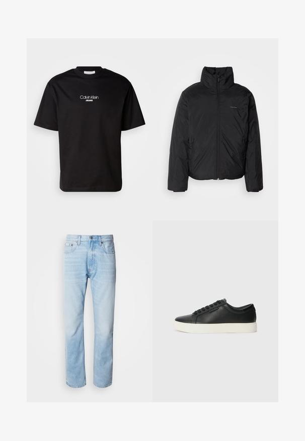 Jachetă pufă neagră cu guler înalt, fermoar frontale și buzunare laterale. Textură netedă și strălucitoare, cu un logo minim pe piept.; Tricou negru din bumbac, cu guler rotund, mâneci scurte și logo-ul alb "Calvin Klein JEANS" pe față. Design simplu și drept.; Jeans din denim de culoare bleu deschis, cu croială dreaptă, prezentând secțiuni decolorate, design cu cinci buzunare și un sistem clasic de închidere cu buton.; Adidași din piele neagră cu textură perforată, vârf rotund și talpă plată din cauciuc alb. Au șireturi negre și un logo subtil pe lateral.