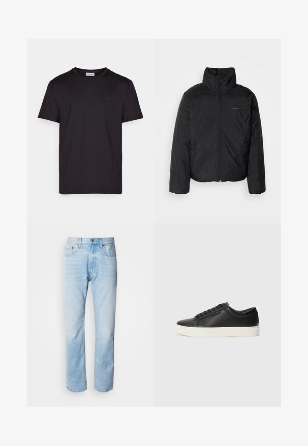 Musta puhvitakki korkealla kauluksella, vetoketjulla edessä ja sivutaskuilla. Sileä, kiiltävä pinta, jossa on minimaalinen logo rinnassa.; Mustassa lyhythihaisessa t-paidassa on sileää puuvillaa, pyöreä kaula-aukko ja hillitty logotagi rinnassa. Yksinkertainen ja selkeä muotoilu.; Vaaleansiniset farkut suoranlahkeisella leikkauksella, joissa on haalistuneita kohtia, viisi taskua ja klassinen nappisuljenta.; Mustat nahkasneakersit rei'itetyllä pinnalla, pyöreällä varvalla ja litteällä valkoisella kumipohjalla. Varustettu mustilla nauhoilla ja hienovaraisella logolla sivussa.