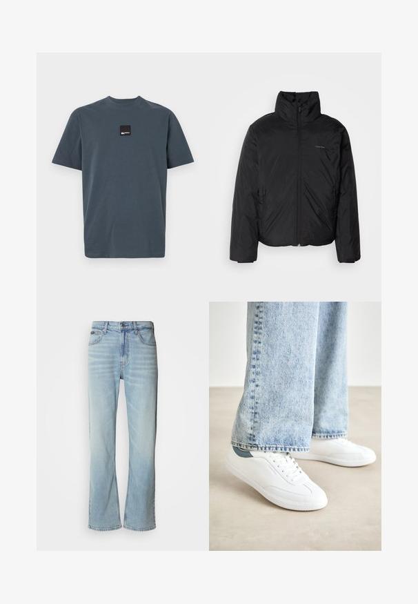Sort dunjakke med høj krave, lynlåse foran og sidelommer. Glat, blank tekstur med et minimalistisk logo på brystet.; Mørkegrå t-shirt med korte ærmer lavet af bomuld og rund hals. Har et lille sort firkantet mærke på brystet. Blød tekstur.; Lyseblå denimjeans med lige ben, der har fem lommer, knaplukning og en subtil falmning på stoffet.; Hvite sneakers med glat materiale, snørelukking, tekstureret gummisål og en teal accent ved hælen, parret med lyseblå jeans.