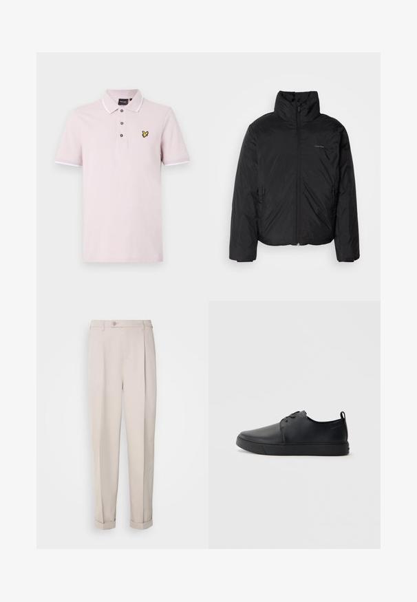 Svart pufferjakke med høy krage, glidelås foran og sidelommer. Glatt, blank tekstur med en minimal logo på brystet.; Polo skjorte i lys rosa bomull med en tre-knapps plケット, hvite detaljer på kragen og ermene, og en gul sommerfugl logo på brystet.; Beige bukser laget av glatt stoff, med rett passform, enkel legg, og oppbrettede mansjetter. Inkluderer en frontlukkeknapp.; Svart lær sneakers med glatt overflate, rund tå, tonede sømmer, snøring foran og flat gummisåle. Løkke på hælen.