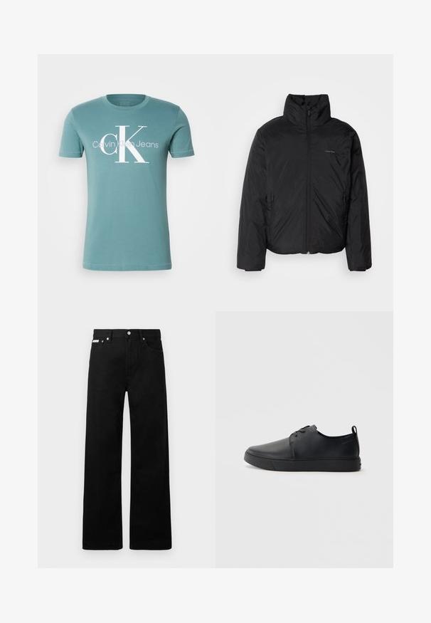 Juoda pūkinė striukė su aukštu apykakle, užtrauktuku priekyje ir šoninėmis kišenėmis. Lygus, blizgus paviršius su minimaliu logotipu ant krūtinės.; Mėlynas medvilninis marškinėlis su apvalia iškirpte, trumpomis rankovėmis ir baltu "Calvin Klein Jeans" logotipu su ryškiu "CK" dizainu.; Juodos džinsinės kelnės su plačiu kojų dizainu, turinčios penkias kišenes ir metalinius sagčių akcentus. Lygus paviršius, be matomų raštų.; Juodos odinės sportinės bateliai su lygiu paviršium, suapvalinta nosimi, toniniais siūlais, raištelių užsegimu priekyje ir plokščiu guminiu padu. Kilpelė ant kulno.