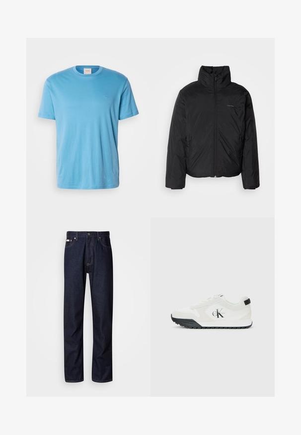 Svart pufferjakke med høy krage, glidelås foran og sidelommer. Glatt, blank tekstur med en minimal logo på brystet.; Lyseblå kortermet bomulls t-skjorte med rund hals og en liten, brodert logo på brystet. Glatt tekstur, vanlig passform.; Mørkeblå denimjeans med rett ben-design, som har knappestolpe, fem lommer og kontrasterende sømdetaljer.; Calvin Klein hvit sneaker med svart såle, semsket skinn og mesh-paneler, CK-logo på siden, samt Calvin Klein-merke på hælen og sålen.