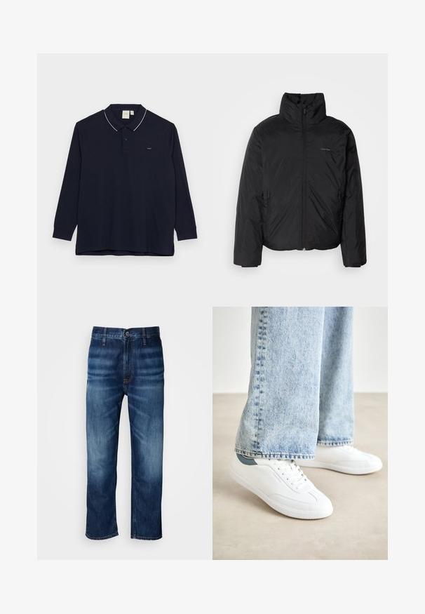 Μαύρο μπουφάν puffer με ψηλό γιακά, φερμουάρ μπροστά και πλευρικές τσέπες. Λείο, γυαλιστερό υλικό με μίνιμαλ λογότυπο στο στήθος.; Μπλούζα πόλο μακριού μανικιού σε ναυτικό μπλε χρώμα από βαμβάκι, με λευκή επένδυση στον γιακά, τρεις κουμπάκια και μικρό λογότυπο στη στήθος.; Σκούρες μπλε τζιν παντελόνες με ίσια γραμμή και διακριτική φθορά στα μηριά, με κουμπί στο λάστιχο της μέσης, εκτεθειμένες σε λευκό φόντο.; Λευκά αθλητικά παπούτσια με λείο υλικό, σχέδιο με κορδόνια, υφή από καουτσούκ στη σόλα και teal λεπτομέρεια στην φτέρνα, συνδυασμένα με ανοιχτό μπλε τζιν.