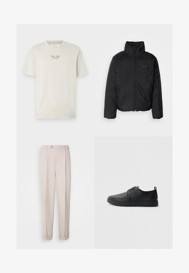 Schwarze Daunenjacke mit hohem Kragen, Reißverschluss auf der Vorderseite und Seitentaschen. Glatte, glänzende Textur mit einem minimalen Logo auf der Brust.; Helles beiges Baumwoll-T-Shirt mit kurzen Ärmeln, Rundhalsausschnitt und schwarzem Drucktext "SAMSE SAMSØ COPENHAGEN", der mittig auf der Brust platziert ist.; Beige Hosen aus glattem Stoff, mit gerader Passform, einem Bundfalte und aufgeschlagenen Säumen. Mit einem frontalen Knopfverschluss.; Schwarze Leder-Sneaker mit glatter Oberfläche, abgerundeter Zehenpartie, gleichfarbiger Nähte, schnürbarem Vorderteil und flacher Gummisohle. Schlaufe an der Ferse.