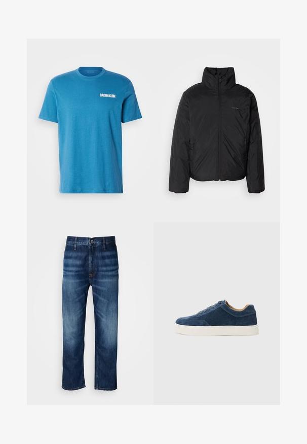 Svart pufferjakke med høy krage, glidelås foran og sidelommer. Glatt, blank tekstur med en minimal logo på brystet.; Blå bomullstrøye med rund hals, korte ermer og en hvit "Calvin Klein" logo trykt på venstre brystområde.; Mørkeblå straight-leg denimjeans med subtil falming på lårene og en knappelukking i midjen, vist på en hvit bakgrunn.; Blå semsket sneakers med hvit gummisåle, snøring, rund tå og kontrasterende tan innside. Subtile sømdetaljer.