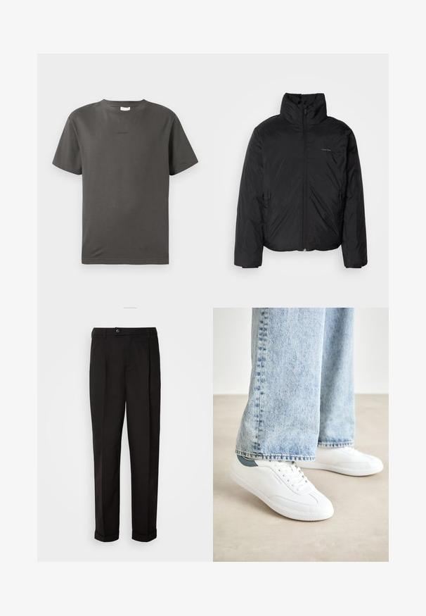Svart pufferjakke med høy krage, glidelås foran og sidelommer. Glatt, blank tekstur med en minimal logo på brystet.; Grå bomull t-skjorte med rund hals og kort ermer. Har en liten, diskret logo på fronten. Glatt tekstur og klassisk passform.; Sorte bukser med en glat tekstur, der har lige snit, to forlommer og en enkelt knaplukning i taljen.; Hvite sneakers med glatt materiale, snøring, teksturert gummisåle, og en teal akcent ved hælen, kombinert med lyseblå jeans.