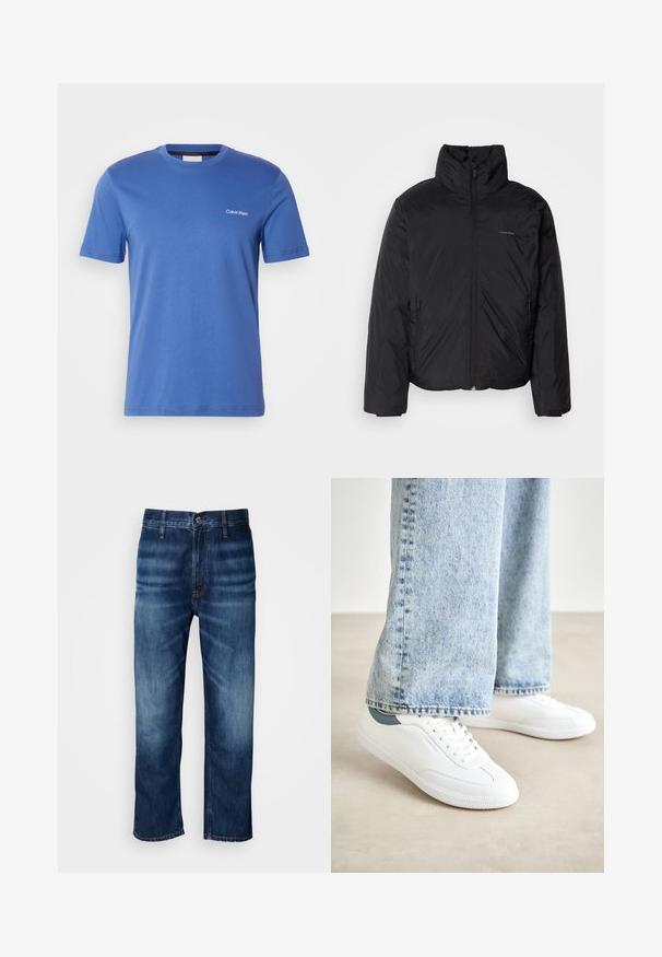 Μαύρο μπουφάν puffer με ψηλό γιακά, φερμουάρ μπροστά και πλευρικές τσέπες. Λείο, γυαλιστερό υλικό με μίνιμαλ λογότυπο στο στήθος.; Μπλε βαμβακερό μπλουζάκι με στρογγυλή λαιμόκοψη, κοντά μανίκια και μινιμαλιστικό λευκό λογότυπο "Calvin Klein" στο αριστερό στήθος. Απλή σχεδίαση.; Σκούρες μπλε τζιν παντελόνες με ίσια γραμμή και διακριτική φθορά στα μηριά, με κουμπί στο λάστιχο της μέσης, εκτεθειμένες σε λευκό φόντο.; Λευκά αθλητικά παπούτσια με λείο υλικό, σχέδιο με κορδόνια, υφή από καουτσούκ στη σόλα και teal λεπτομέρεια στην φτέρνα, συνδυασμένα με ανοιχτό μπλε τζιν.
