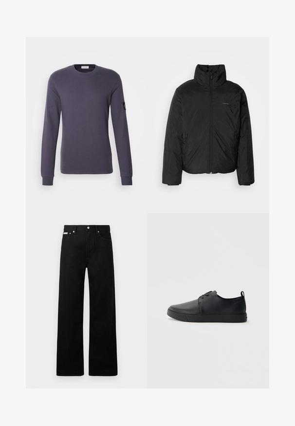 Must musträkk, millel on kõrge krae, lukuga ees ja küljetaskud. Sile, läikiv tekstuur ja minimaalne logo rinnal.; Tume lilla pikkade varrukatega särk, mis on valmistatud ribakudumist. Omab ümmargust kaelust ja väikest logokangast paremal varrukal.; Mustadest denimist püksid laiade jalgadega, viie tasku ja metallist nööpidega. Sile tekstuur, nähtavad mustrid puuduvad.; Mustaläik nahast spordijalatsid siledaga viimistlusega, ümarate varvastega, sama tooni õmblustega, nööbid ees, ja lamedate kummist tallaga. Kannas aas.