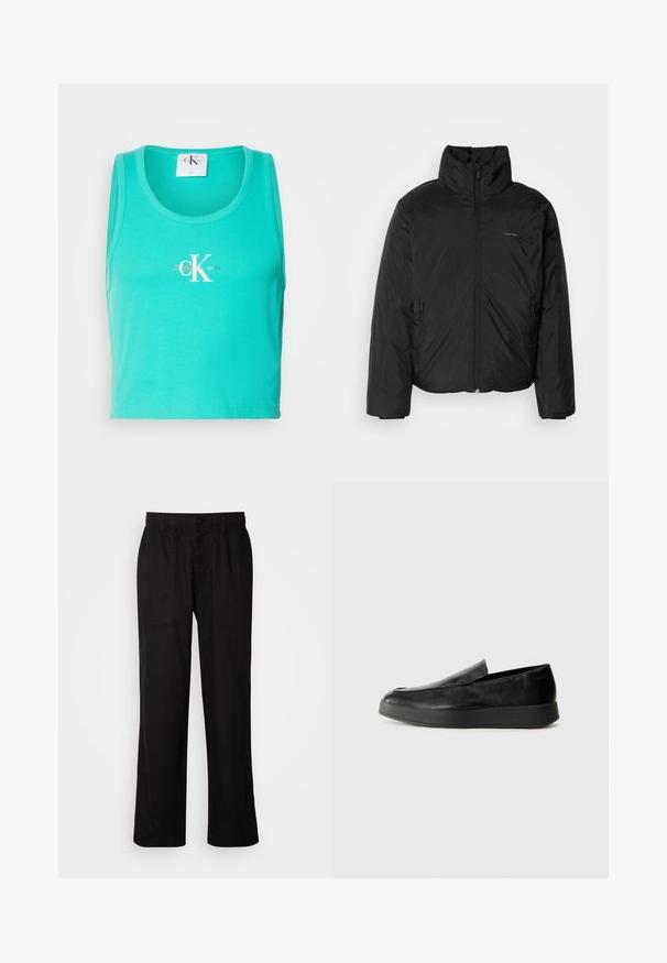 Svart pufferjakke med høy krage, glidelås foran og sidelommer. Glatt, blank tekstur med en minimal logo på brystet.; Turkis ribbet tanktop med rund hals, med en hvit "CK" logo. Materialet er mykt og elastisk, kuttet i en cropped stil.; Svart bukser med avslappet passform, laget av lett stoff. Har elastisk midjebånd, knapplukking og to frontlommer.; Calvin Klein HYBRID CUP - Slippers - triple black