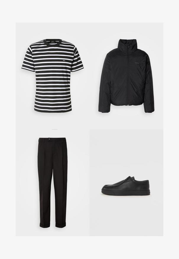 Svart pufferjakke med høy krage, glidelås foran og sidelommer. Glatt, blank tekstur med en minimal logo på brystet.; Svart og hvit stripete t-skjorte med rund hals, korte ermer, og et lite brodert "MN" foran. Laget av myk bomull.; Sorte bukser med en glat tekstur, der har lige snit, to forlommer og en enkelt knaplukning i taljen.; Sorte skinnsko uten snøring med rund tå, sydd detaljer og svart gummisåle. Glatt tekstur med minimalistisk design.