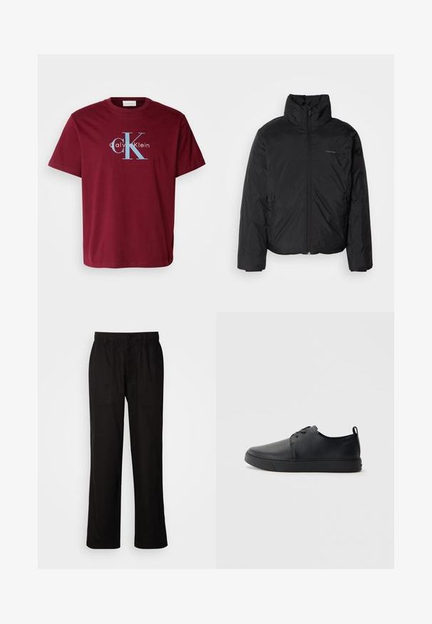 Svart pufferjakke med høy krage, glidelås foran og sidelommer. Glatt, blank tekstur med en minimal logo på brystet.; Burgunderfarget bomull T-skjorte med en stor hvit og blå "CK"-logo og teksten "Calvin Klein", standard passform, kort ermer og rund hals.; Svart bukser med avslappet passform, laget av lett stoff. Har elastisk midjebånd, knapplukking og to frontlommer.; Svart lær sneakers med glatt overflate, rund tå, tonede sømmer, snøring foran og flat gummisåle. Løkke på hælen.