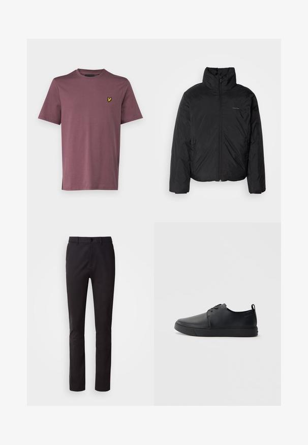 Sort dunjakke med høj krave, lynlåse foran og sidelommer. Glat, blank tekstur med et minimalistisk logo på brystet.; Lyle & Scott T-shirts basic - highland mauve; Sorte bukser lavet af glat stof, med knaplukning, standard talje og lige ben. Ingen synlige mønstre eller udsmykninger.; Sorte lædersneakers med en glat finish, rund tå, tonalt syning, snøring foran og en flad gummisål. Løkke ved hælen.