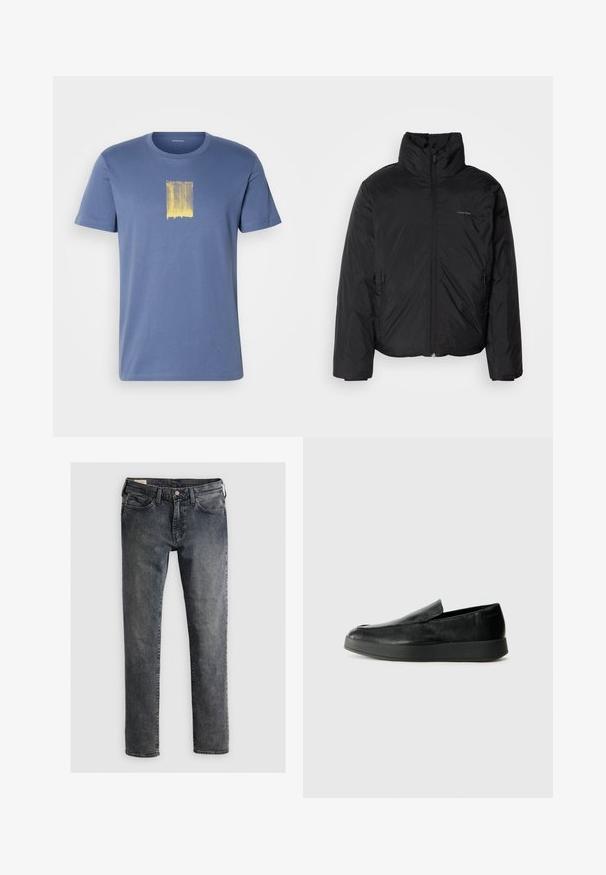 Μαύρο μπουφάν puffer με ψηλό γιακά, φερμουάρ μπροστά και πλευρικές τσέπες. Λείο, γυαλιστερό υλικό με μίνιμαλ λογότυπο στο στήθος.; Μπλε βαμβακερό t-shirt με κίτρινο γραφικό σχέδιο στο κέντρο. Κοντά μανίκια και στρογγυλή λαιμόκοψη. Απλές, καθαρές γραμμές.; Σκούρο ινδικό τζιν από τζιν ύφασμα, με σχέδιο ευθείας γραμμής, στυλ πέντε τσέπες και κλείσιμο με κουμπί και φερμουάρ.; Calvin Klein HYBRID CUP - Παπούτσια χωρίς κορδόνια - triple black