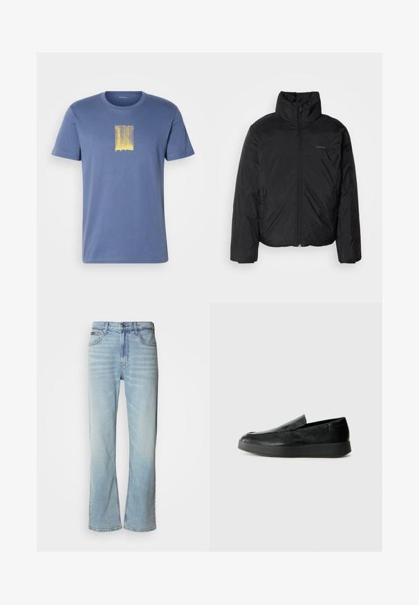 Črna puffer jakna z visokim ovratnikom, zadrgo spredaj in stranskimi žepi. Gladka, sijoča tekstura z minimalnim logotipom na prsih.; Modra bombažna majica z rumenim grafičnim dizajnom na sredini. Kratki rokavi in okrogla izrez. Enostavne, čiste linije.; Svetlo modri kavbojki z ravnim krojem, ki vključujejo pet žepov, zapiranje na gumb in rahlo zbledelo tkanino.; Calvin Klein HYBRID CUP - Čevlji brez vezalk - triple black