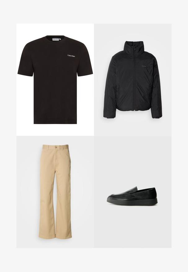Fekete puffermellény magas gallérral, cipzáros elülső résszel és oldalsó zsebekkel. Simább, fényes textúra, minimális logóval a mellkason.; Fekete, rövid ujjú póló, pamutból készült. Kerek nyakú, és egy kis fehér "Calvin Klein" logó található a bal mellen.; Beige, bőszárú nadrág, pamut keverékből készült. Gombos záródással és övhurkokkal rendelkezik. Simább textúra, minimális varrással.; Calvin Klein HYBRID CUP - Belebújós cipők - triple black