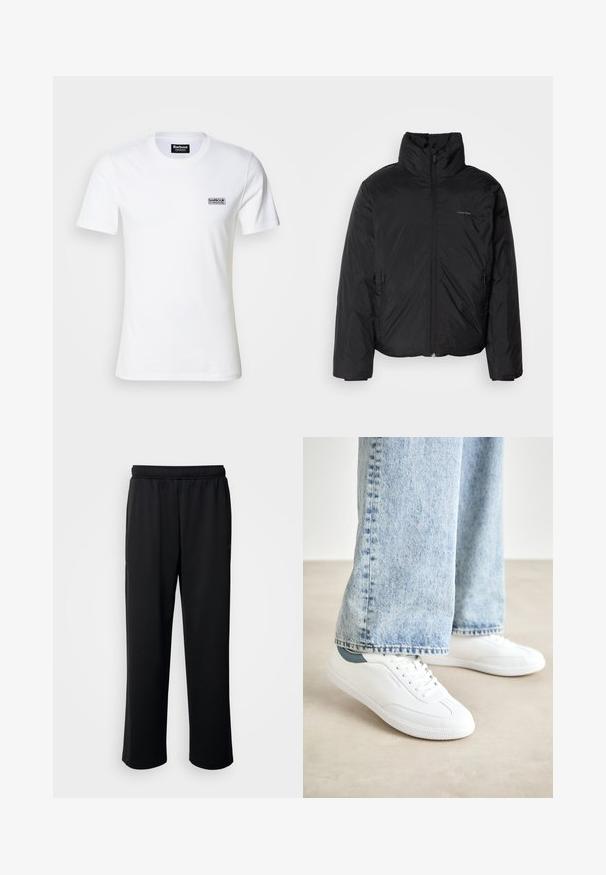 Casaco puffer preto com colarinho alto, fecho de correr na frente e bolsos laterais. Textura suave e brilhante com um logótipo minimalista no peito.; T-shirt branco de algodão com mangas curtas e decote redondo. Apresenta um pequeno logótipo preto "Barbour International" no lado esquerdo do peito.; Calças de atletismo pretas feitas de um tecido suave e respirável. Apresentam uma cintura elástica e pernas straight, sem detalhes ou padrões proeminentes.; Ténis brancos com material suave, design de atacadores, sola de borracha texturizada e um detalhe em teal no calcanhar, combinados com jeans azul claro.