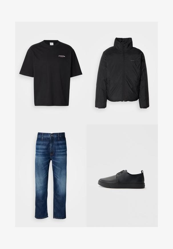 Czarna kurtka puchowa z wysokim kołnierzem, zapięciem na zamek z przodu i kieszeniami po bokach. Gładka, błyszcząca tekstura z minimalistycznym logo na klatce piersiowej.; Czarny bawełniany t-shirt o luźnym kroju, z krótkimi rękawami i białym logo Calvin Klein nadrukowanym na piersi. Gładka tekstura, okrągły dekolt.; Granatowe dżinsy o prostych nogawkach z delikatnym wyblaknięciem na udach i zapięciem na guzik w pasie, zaprezentowane na białym tle.; Czarne skórzane sneakersy o gładkim wykończeniu, zaokrąglonym nosku, tonalnym przeszyciu, sznurowanym przodzie oraz płaskiej gumowej podeszwie. Pętla na pięcie.