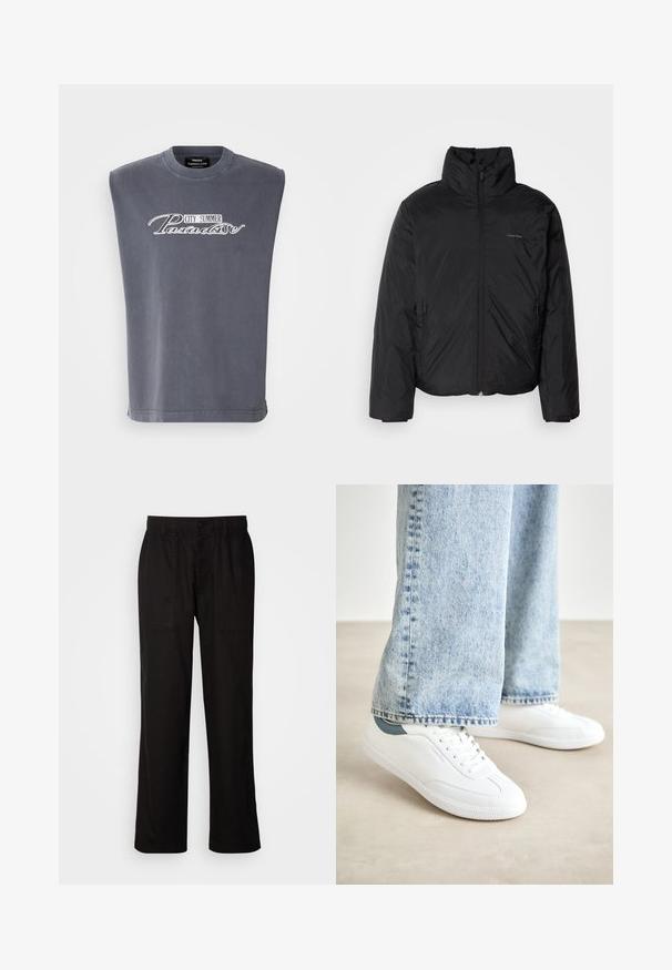 Black puffer jacket with a high collar, zipper front, and side pockets. Smooth, shiny texture with a minimal logo on the chest.; Gray sleeveless T-shirt made of soft fabric, featuring a rounded neckline and a printed design with "CITY SUMMER Paradise" in white.; Black pants with a relaxed fit, made from lightweight fabric. Features an elastic waistband, button closure, and two front pockets.; White sneakers with smooth material, lace-up design, textured rubber sole, and a teal accent at the heel, paired with light blue jeans.